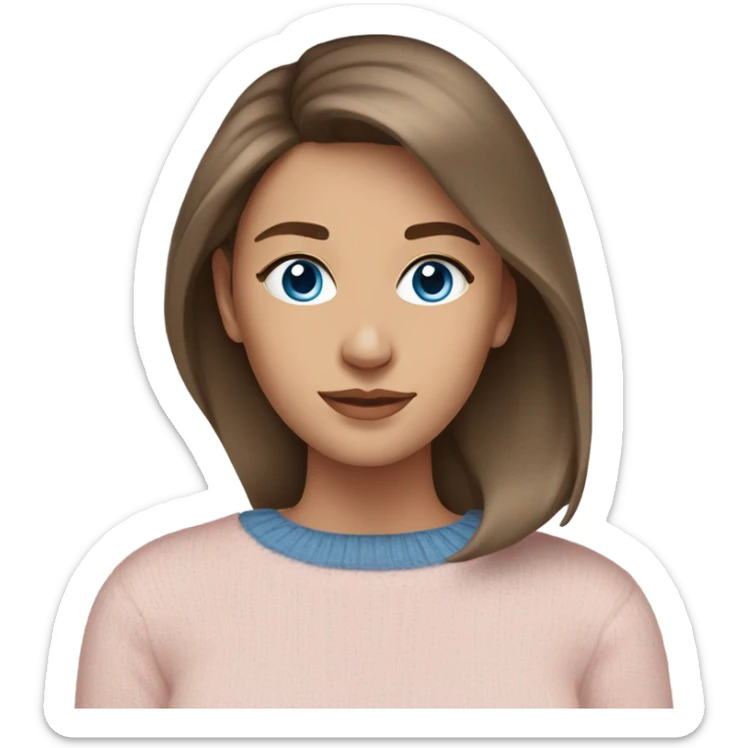 A beautiful young woman with blown out brown hair and blue eyes wearing a stylish light pink sweater sticker