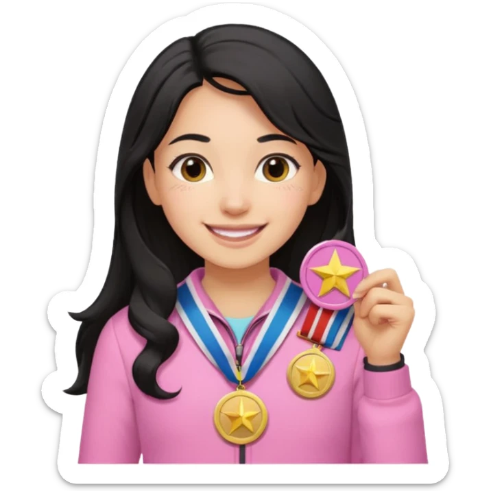 black haired girl wearing pastel pink with medals remove any hats, make her smile, make her hair longer sticker