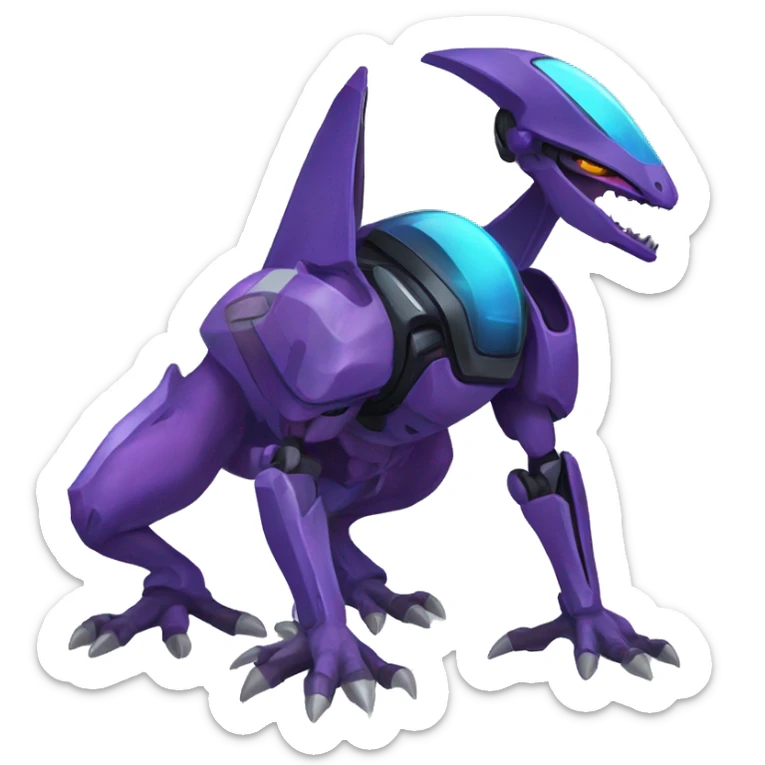 a black-blue-purple Genesect-Raptor-Fakémon—hybrid with a futuristic visor-helmet full body sticker
