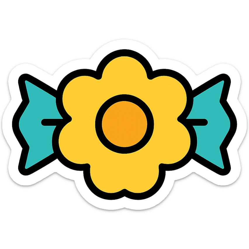 yellow flower-shaped candy, color outline icon style, isolated on transparent background sticker