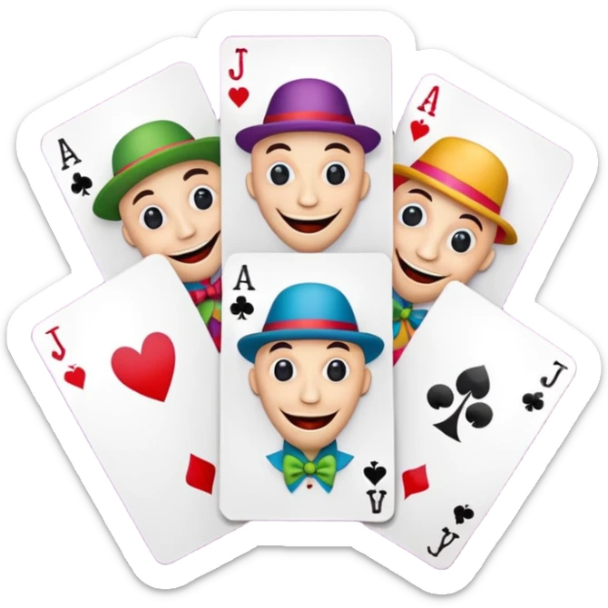 3 poker cards, with crazy colorful human jolly jokers inside, puppets in the hand sticker