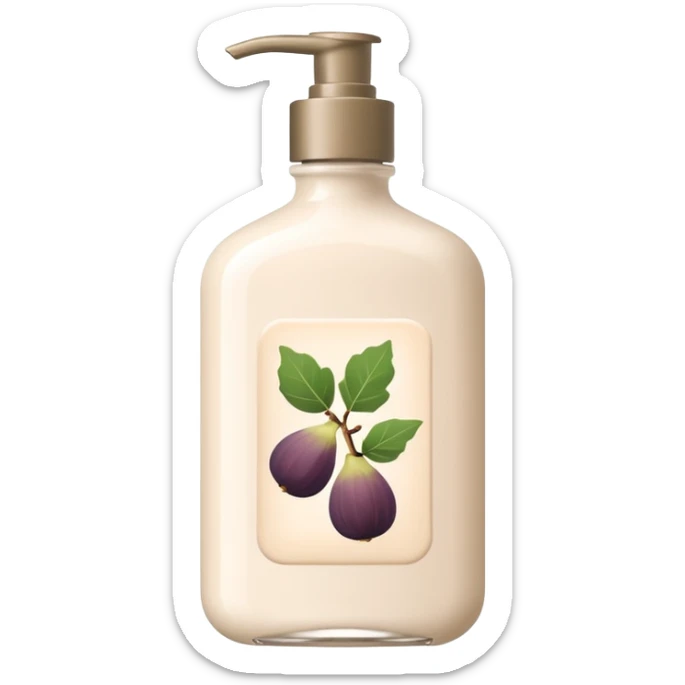 Emoji-style illustration of a minimal body lotion bottle inspired by tea and fig fragrance.
Elegant, calm color palette, soft beige or ivory bottle, subtle botanical mood,
flat design, clean lines, modern beauty branding aesthetic, no logo, no text. sticker