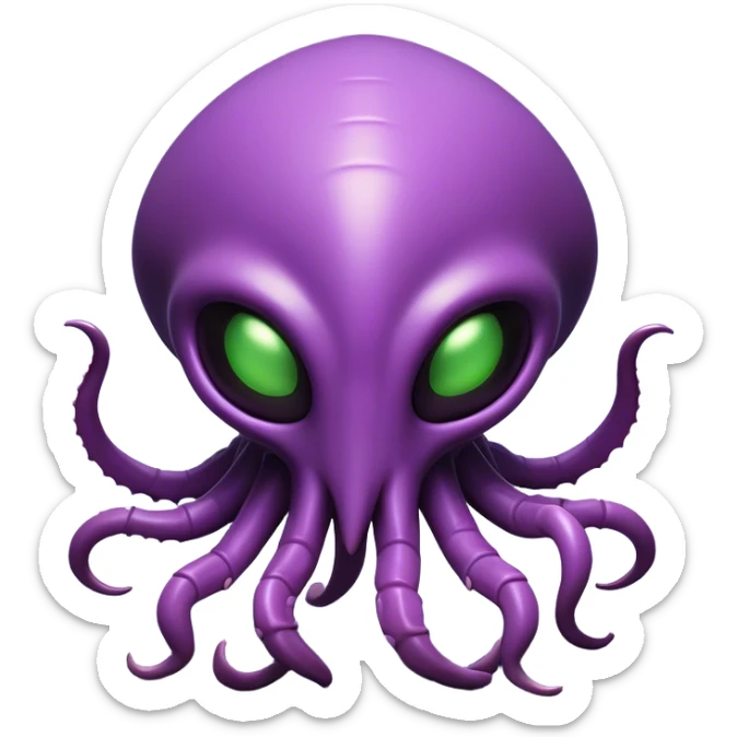 Clash of Clans aesthetic: Cinematic Playful Zerg Alien Emoji, rendered in a 3D vector-style similar to standard emojis with minimal shading and bold, simplified shapes. A compact, isometric, otherworldly creature with insectoid, organic details and subtle, eerie tentacles, softly glowing with a sinister alien charm. Simplified yet unmistakably iconic, highly detailed and consistent, glowing with a soft, spectral radiance and high shine. Stylized with a touch of bio-engineered mischief and a soft glowing outline, capturing the essence of a fearsome extraterrestrial menace with a playful twist! sticker