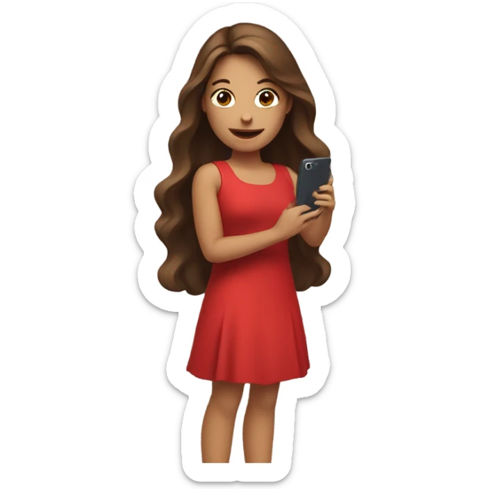 a white girl with log brown hair in a red dress holding a cell phone showing it sticker