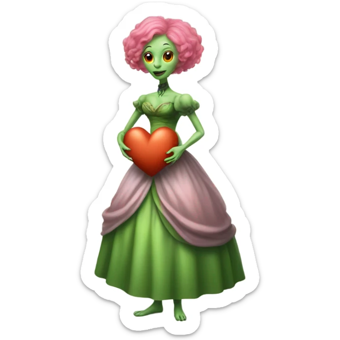 a green alien woman in Victorian orange dress, pink hair,holdig, red big hearth, full body sticker