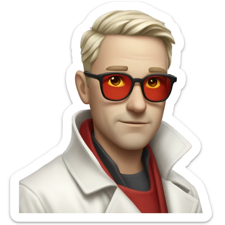 <excerpt>
A white man with short hair, donning red tinted sun glasses in a white trench coat, is an alchemist.
</excerpt> sticker
