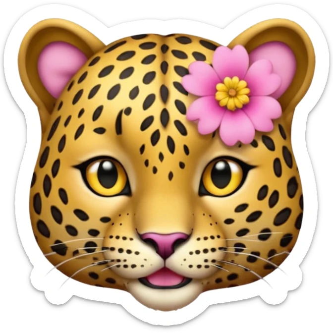 A leopard with mouth closed, A pink flower with a yellow center is tucked behind its right ear
 sticker