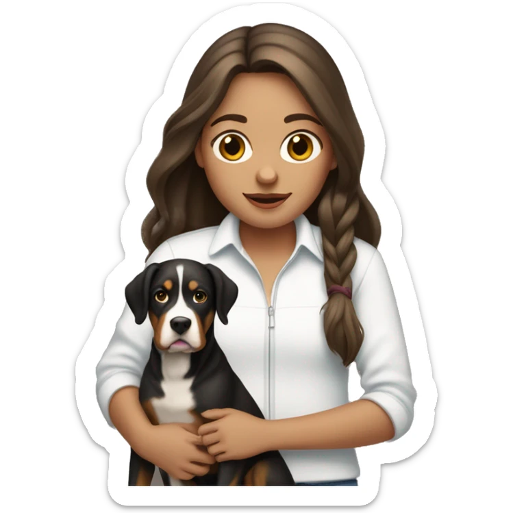 pale girl with long brunette hair holding a swiss mountain dog sticker