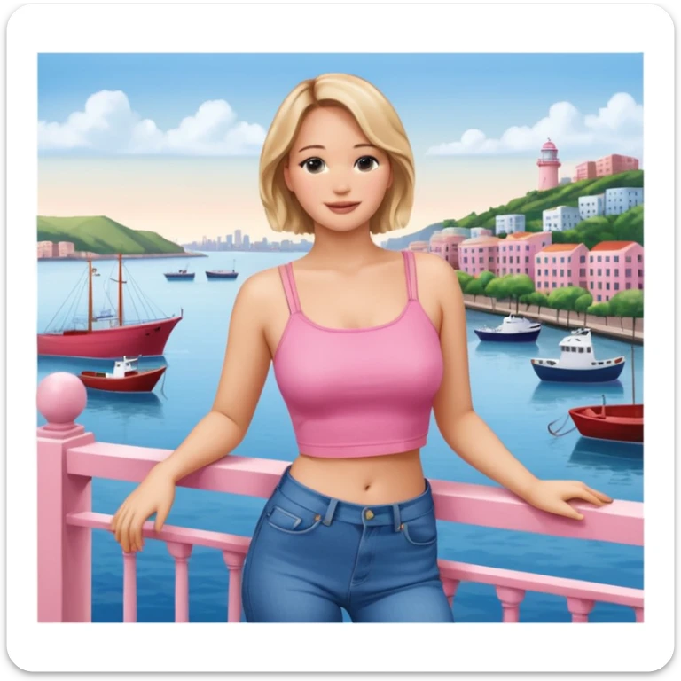 jennifer lawrence, pink crop top, and blue jeans, leaning on a balcony with a harbor and cityscape in the background, smiling sticker