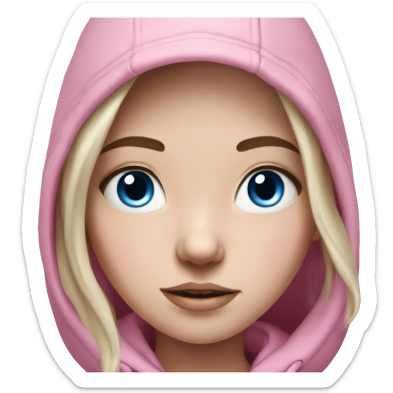 Hyperrealistic pale girl with black hair and blue eyes in a pink hoodie sticker