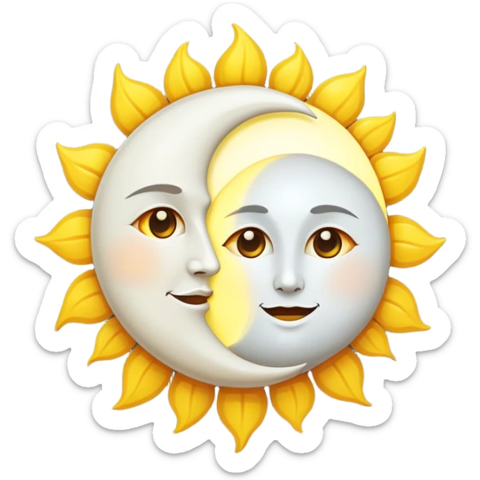 a really bright sun and a moon who shines because of it. the sun is bigger and the moon bright too sticker