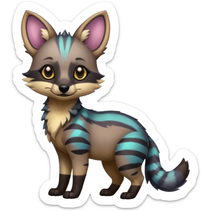 Cute adorable iridescent kawai Shiny Colorful Dusky Dark Gloomy Glossy Aardwolf-Genet-Bobcat-fusion-animal-hybrid-creature, full body sticker