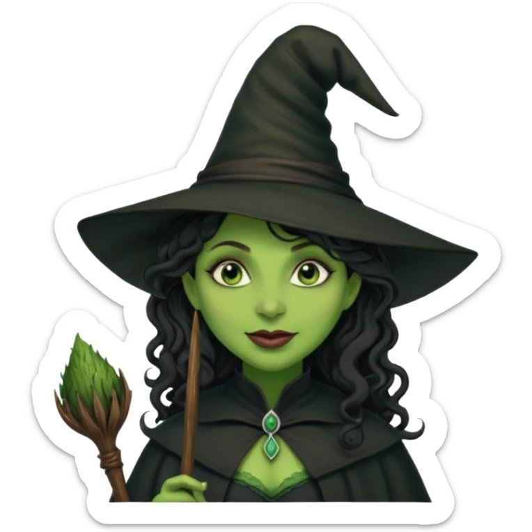 elphaba the wicked witch from wicked movie (cynthia erivo) dark long curly hair, thick lips, wide nose, green skins, witch hat, witch broom, evil, wicked musical film, evil smirk evil scary cynthia erivo sticker