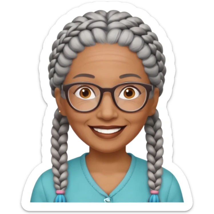 Older woman of color with gray braids, glasses and smiling sticker