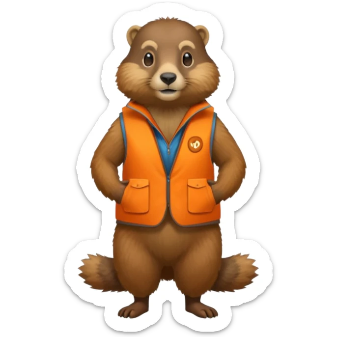 crea una marmota de cuerpo completo, que lleve un chaleco color naranja y que en el chaleco lleve el nombre (telamon) sticker