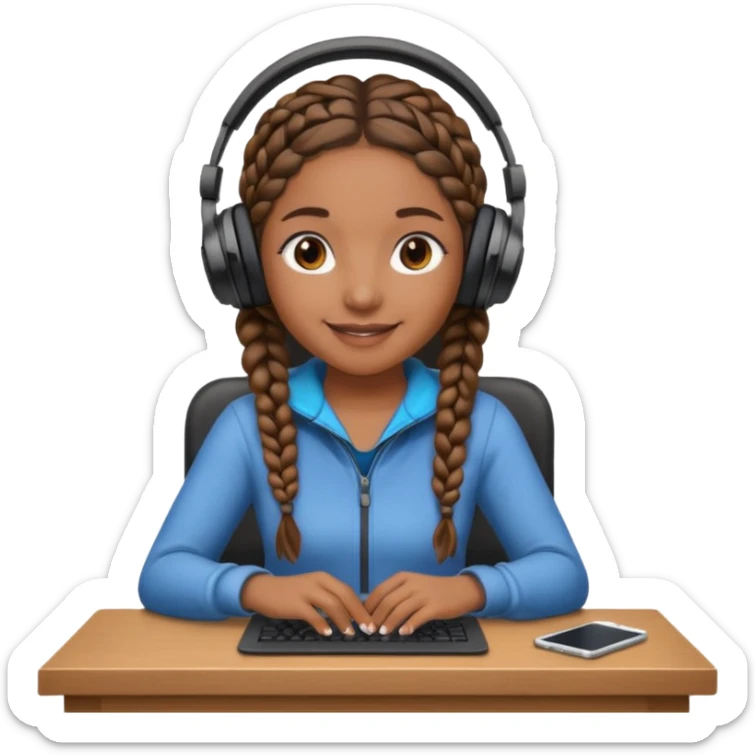 brown skinned female with braids sitting at a desk with headphones on sticker