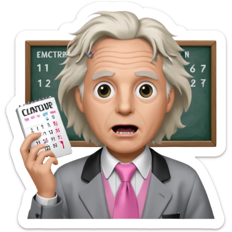 Doc Brown, in Back to the Future, with his hair all over the place and his mouth wide open. No glasses. Wearing a silver dress with black trim, a pink collared shirt and a white tie, holding a calendar.  sticker