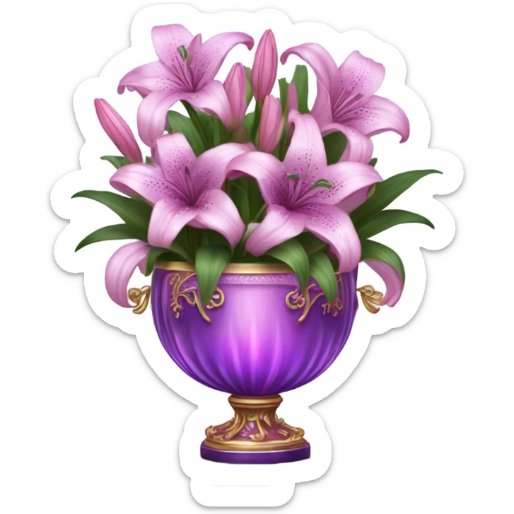 A luxurious bouquet of violet lilies in an ornate Pink crystal vase, placed on an antique wooden table with soft candlelight reflecting off its petals. sticker