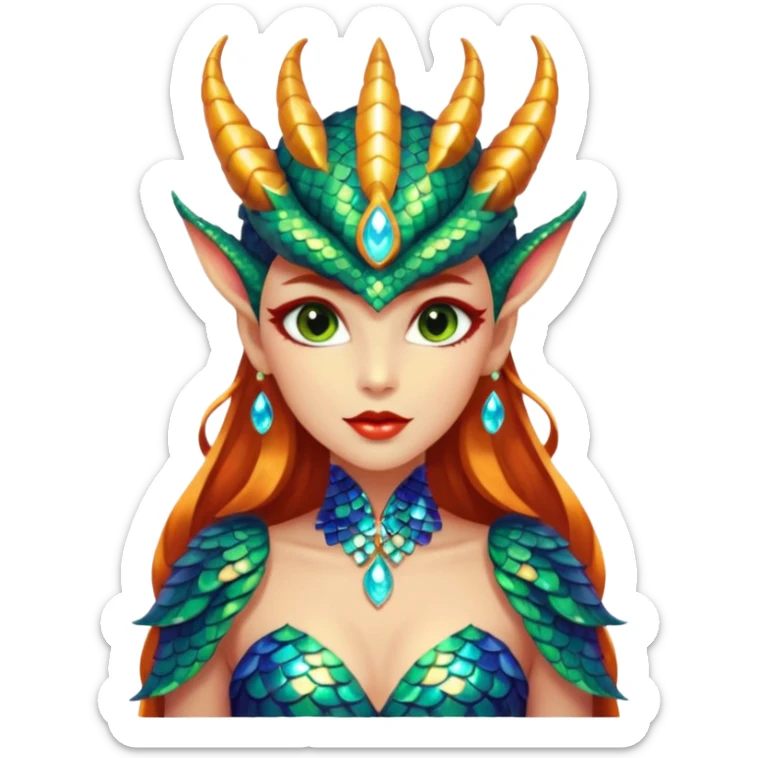 A gorgeous dragon woman with glittering jeweled scales covering her body and face. She has large almond shaped eyes, lush lips, and she wears a stunning luminescent gown. sticker