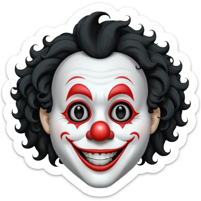generate white clown mask emoji with a big curly black hair 

wide black coloured smile, no red nose but instead long and pointy white nose with no nostrils, pitch black eyes with no pupils, no brows sticker
