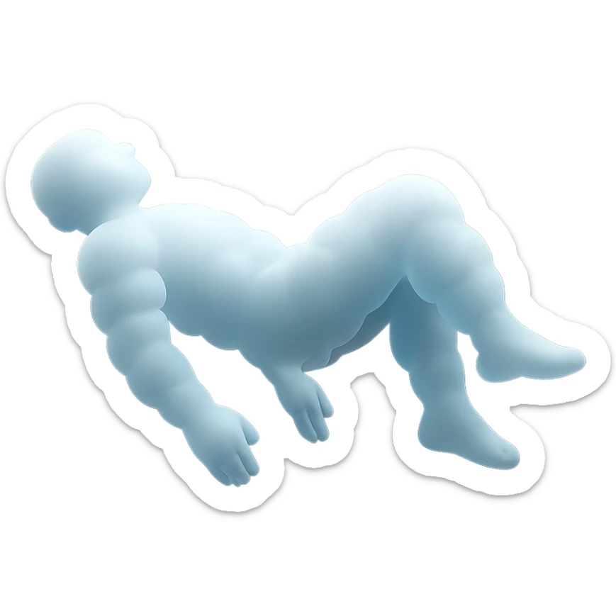 side view of unconscious person flying torso up, legs and arms down, made of very bright white fluffy convex clouds, matte glass style sticker