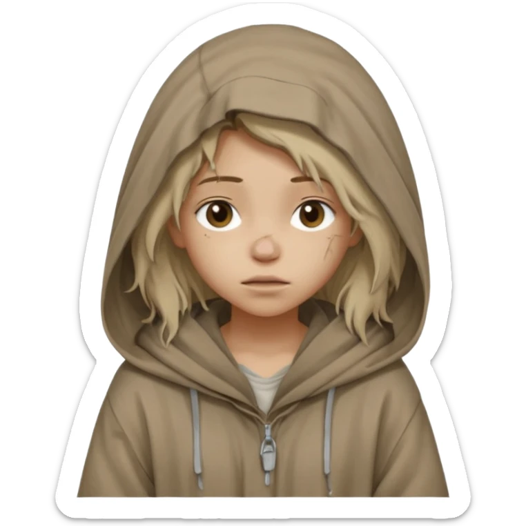 Young beggar little girl character, chest-up portrait, wearing worn and oversized clothes, hair is visible, no hat or such, neutral earth-tone fabric, slightly messy hair peeking from under a hood, tired but gentle eyes, subtle dirt marks on face, sticker