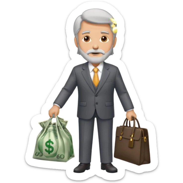 Un hombre con traje, de unos 60 años con barba, pelo largo, sin gafas y con una bolsa de dinero, importante, con traje de negocios y sin gafas  sticker