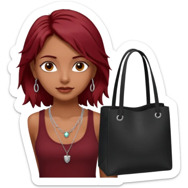 a pretty tan indian bratz girl with messy dark red hair, wearing a dark red tank top, layered silver necklaces. Carrying a black tote bag sticker