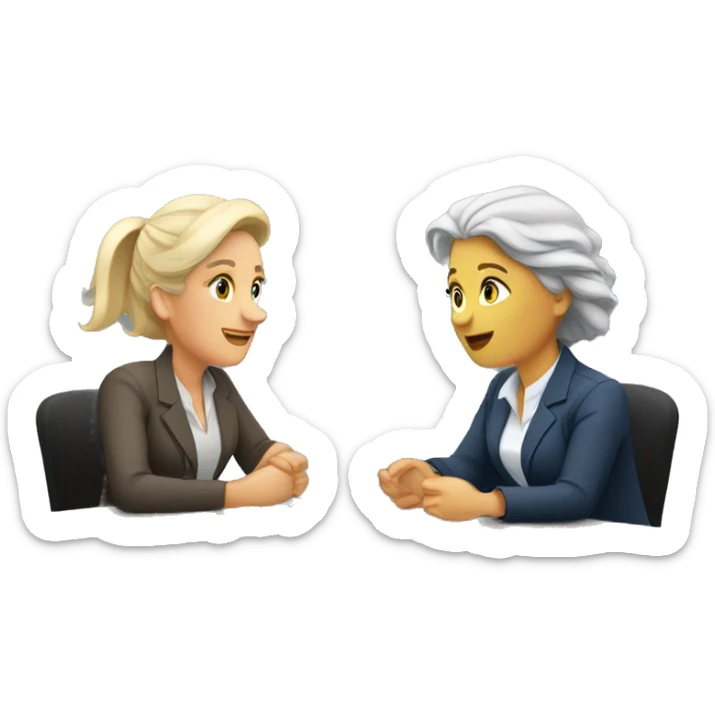 an older woman grey hair and a younger woman blonde hair sitting at a table talking job interview semi casual sticker