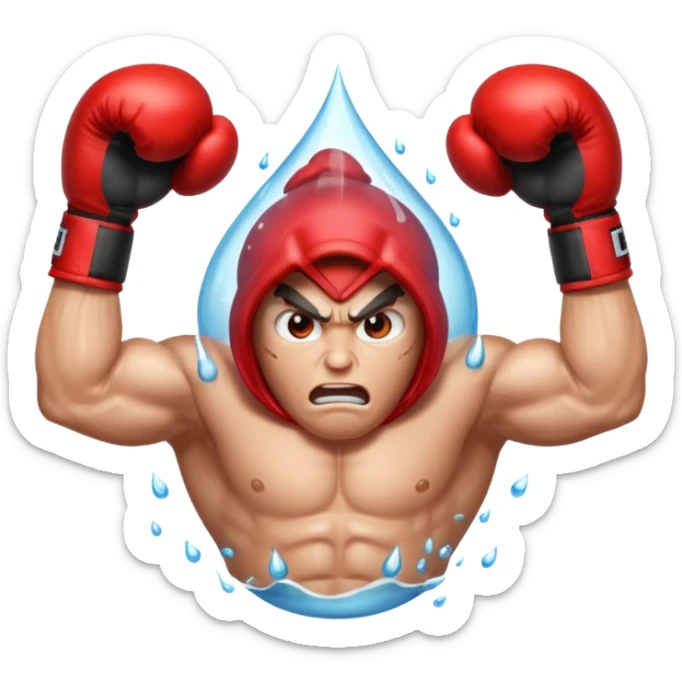Gota de agua con cara de enfado y unos guantes de boxeo, que tenga brazos y piernas musculados sticker