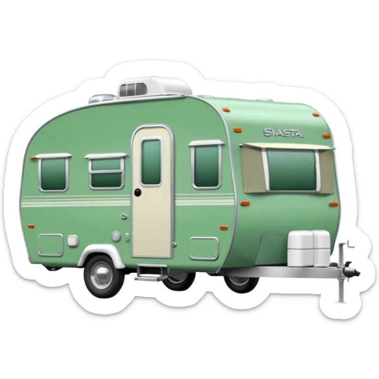 Shasta travel trailer, colored all green, the same green shade as movie trailer green preview card, light grey tires and grey hitch sticker