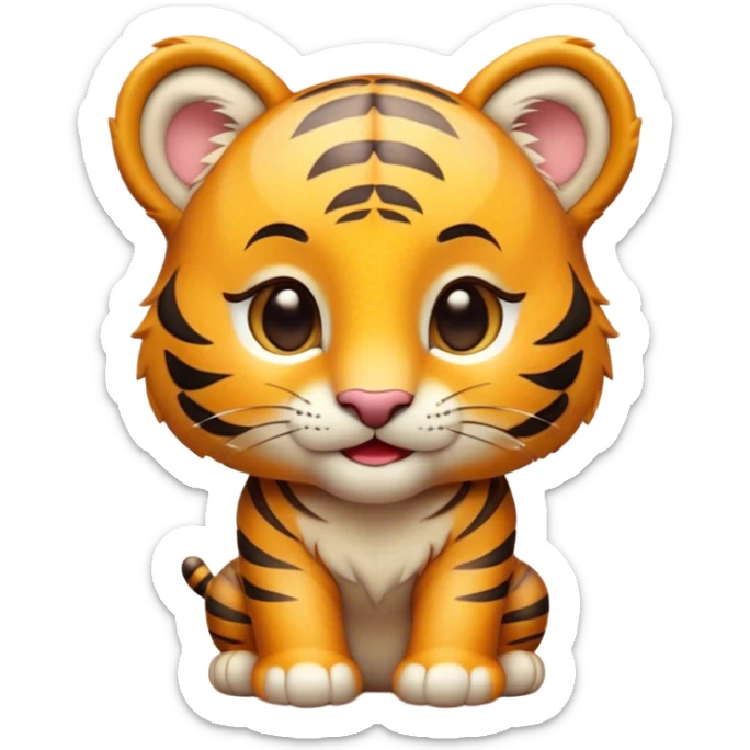 Cinematic Cute Tiger Cub Portrait Emoji, Head tilted playfully and inquisitively, with an adorably compact form accented by subtle stripes and round, sparkling eyes full of wonder, Simplified yet irresistibly adorable features, highly detailed, glowing with a warm, inviting wild glow, high shine, affectionate and lively, stylized with a touch of whimsical feline cuteness, soft glowing outline, capturing the essence of a mischievous yet loving tiger cub that seems as if it could leap out of the screen into your arms! sticker