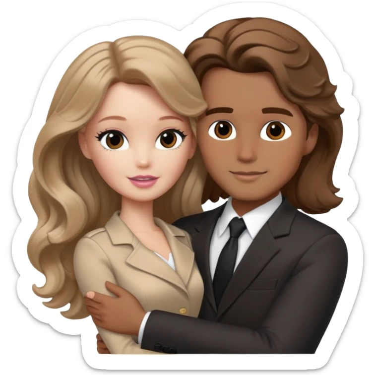 White Barbie girl Chestnut long wavy hair In beige clothes, Hugs a man with brown hair, brown eyes and a black suit sticker