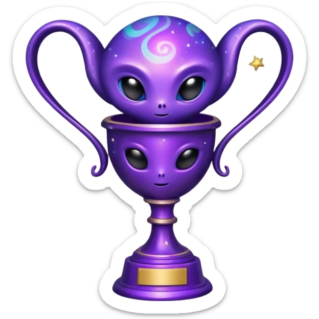 An alien trophy with cosmic colors, deep purples and blues, galaxy swirls, and tiny stars embedded in the design sticker