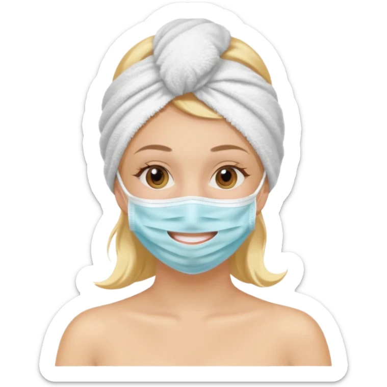 Chica rubia con toalla en la cabeza y mascarilla en la cara sticker