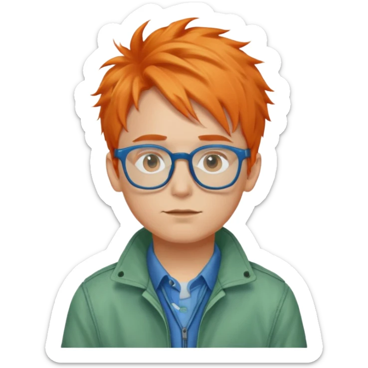 Norman Price (a boy with orange messy hair, blue glasses and a pale blue jacket over a green shirt) sticker
