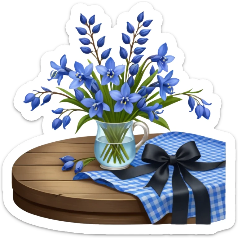 A lush bouquet of bright blue color bluebell black satin ribbon, resting on an antique wooden table, with a pale yellow and pink plaid pattern table cloth sticker