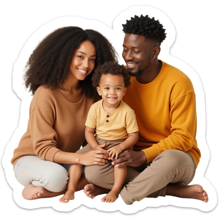 closeup front angle shot of a diverse family with two adults and a child, detailed lifelike textures, soft background, skeuomorphism style sticker