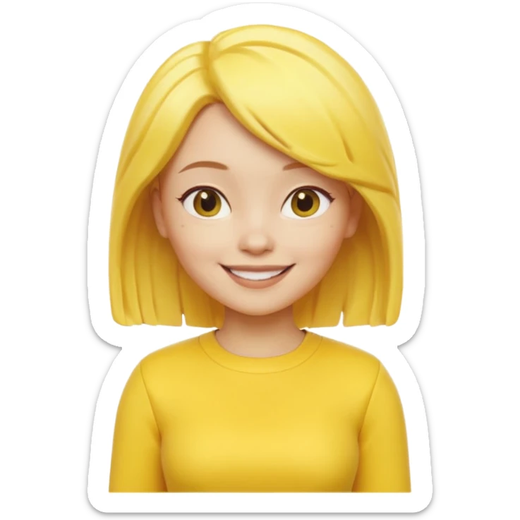 A 3D cartoon female character fully in yellow tones — skin, hair, and outfit all yellow — smiling gently, medium-length hair, cinematic Memoji-style rendering, cohesive with other yellow character sticker