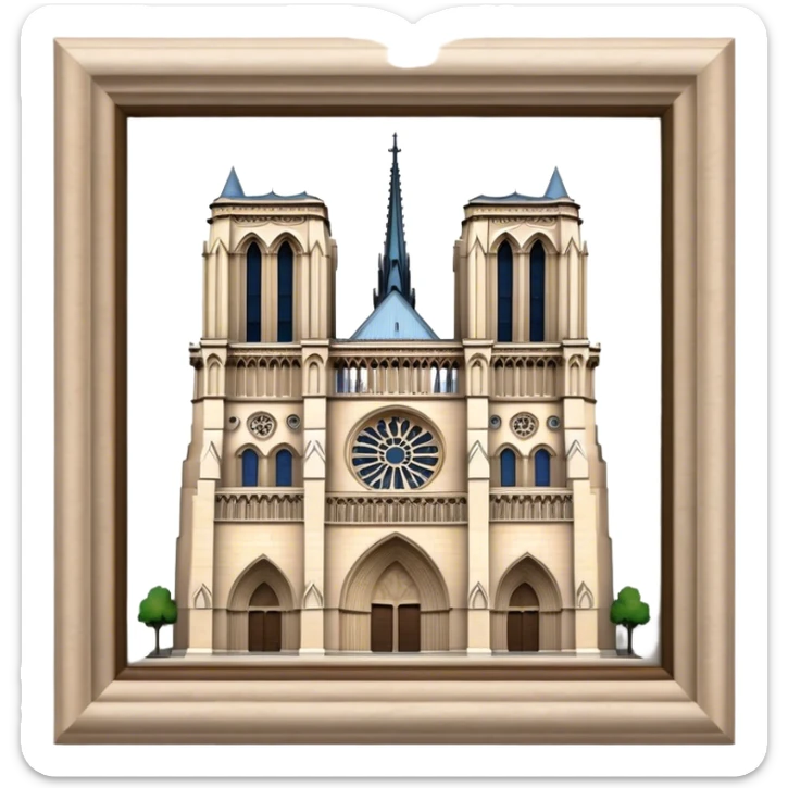 Cinematic Realistic Notre-Dame Cathedral Landmark Emoji, showcasing the Gothic splendor of the cathedral rendered with detailed stone carvings and majestic, soft lighting. sticker