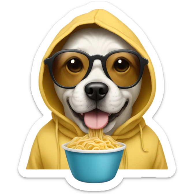 dog wearing hoodie eating noodles and wearing sunglasses  sticker