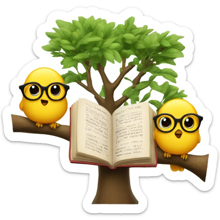 three birds in a tree but only one of them wearing glasses and hanging a book sticker