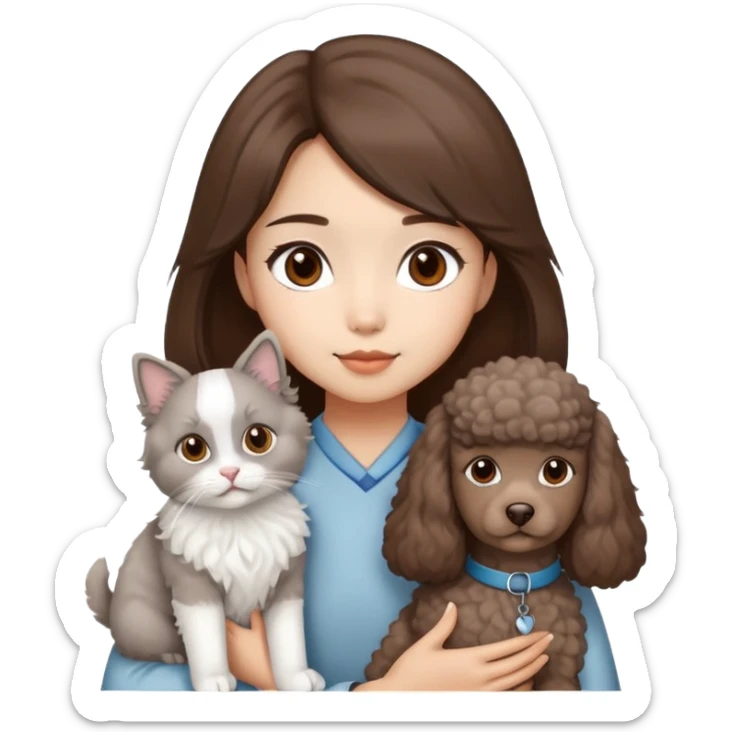 Asian girl brown hair girl with brown eyes with a grey and white ragdoll cat and a brown poodle dog  sticker