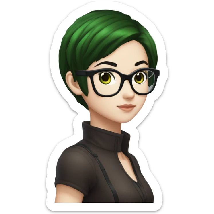 a girl with blue eyes, dark brown hair, black glasses, inspired by jolyne cujoh from Jojo's bizarre adventure. hair colors based on jolyne cujoh with green and dark brown hair. sticker