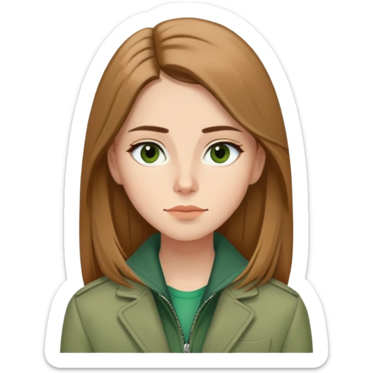 Caucasian girl with elongated face, soft jawline, long straight light brown hair with middle part, almond-shaped brown eyes with black eyeliner, thoughtful expression with slight smile, wearing green jacket sticker