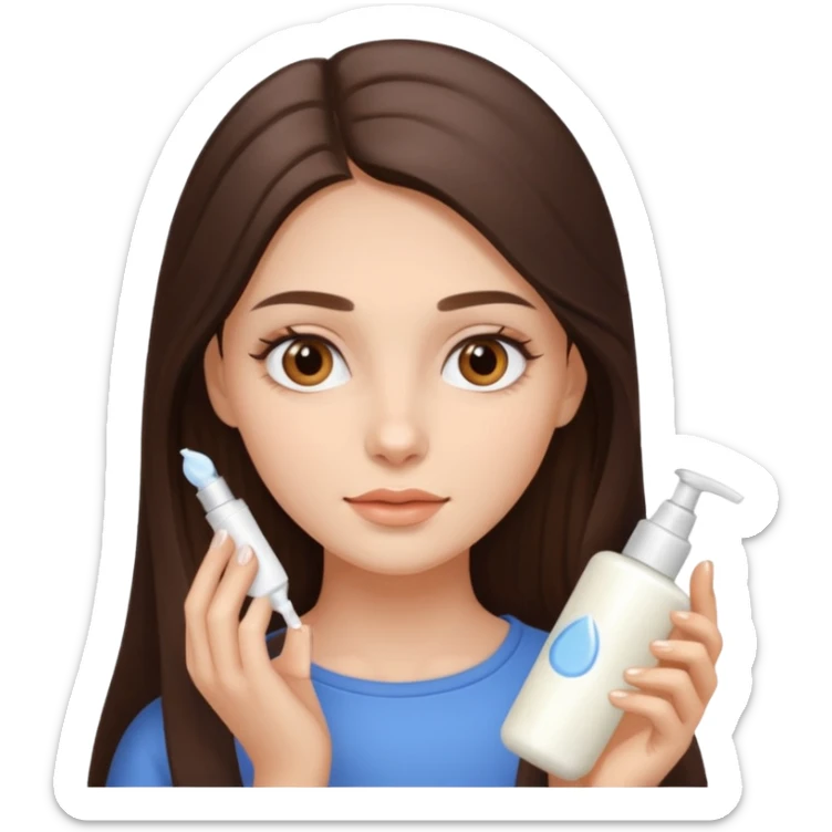 brunette girl with beautiful brown eyes and long hair, applying cream sticker