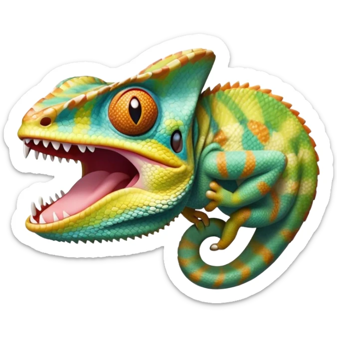 cinematic giant-yawning chameleon-realistic emoji, mouth wide open with tongue out, -blending-with-vibrant-greenery.-detailed-scales-in-shifting-colors,-showing-the-chameleon’s-ability-to-camouflage.-soft-natural-light-highlights-its-texture.-light-background, zoomed into its face sticker