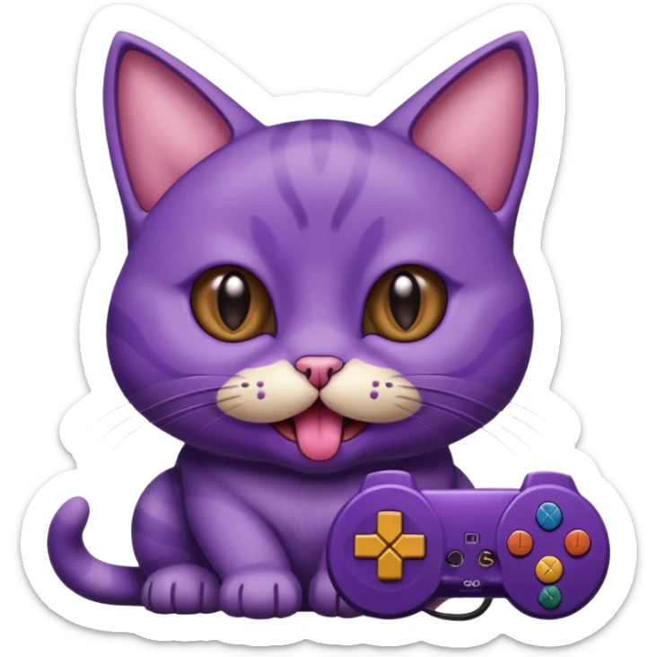 purple cat with huge eyes smelly lines and their massive brown tongue out also a playstation next to it sticker