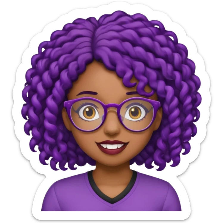 nerd emoji like with glasses showing only her 2 buck teeth but it’s a black girl with purple black curly hair sticker