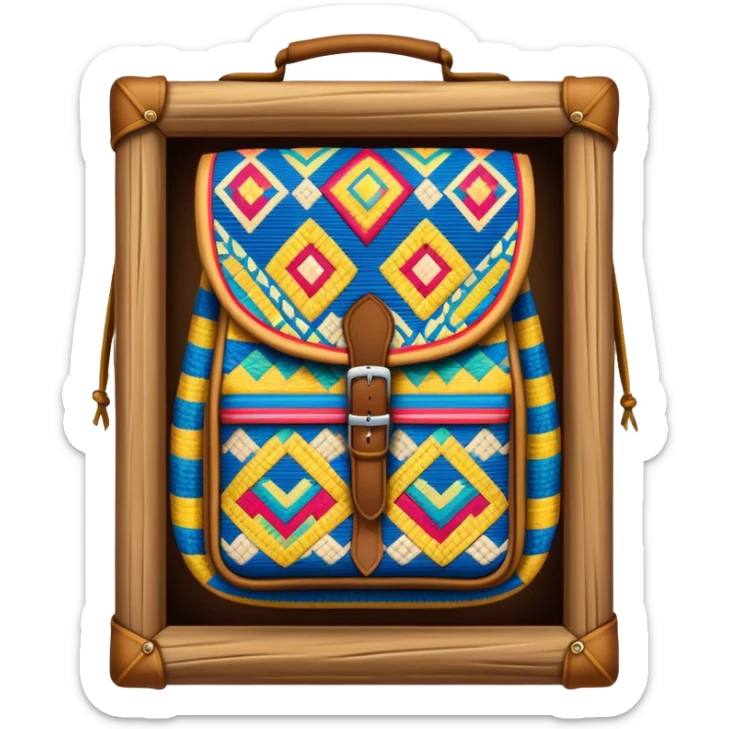 Cinematic Realistic image of a traditional Colombian mochila, rendered with detailed woven textures and vibrant patterns, set against a rustic backdrop with soft, cultural lighting sticker